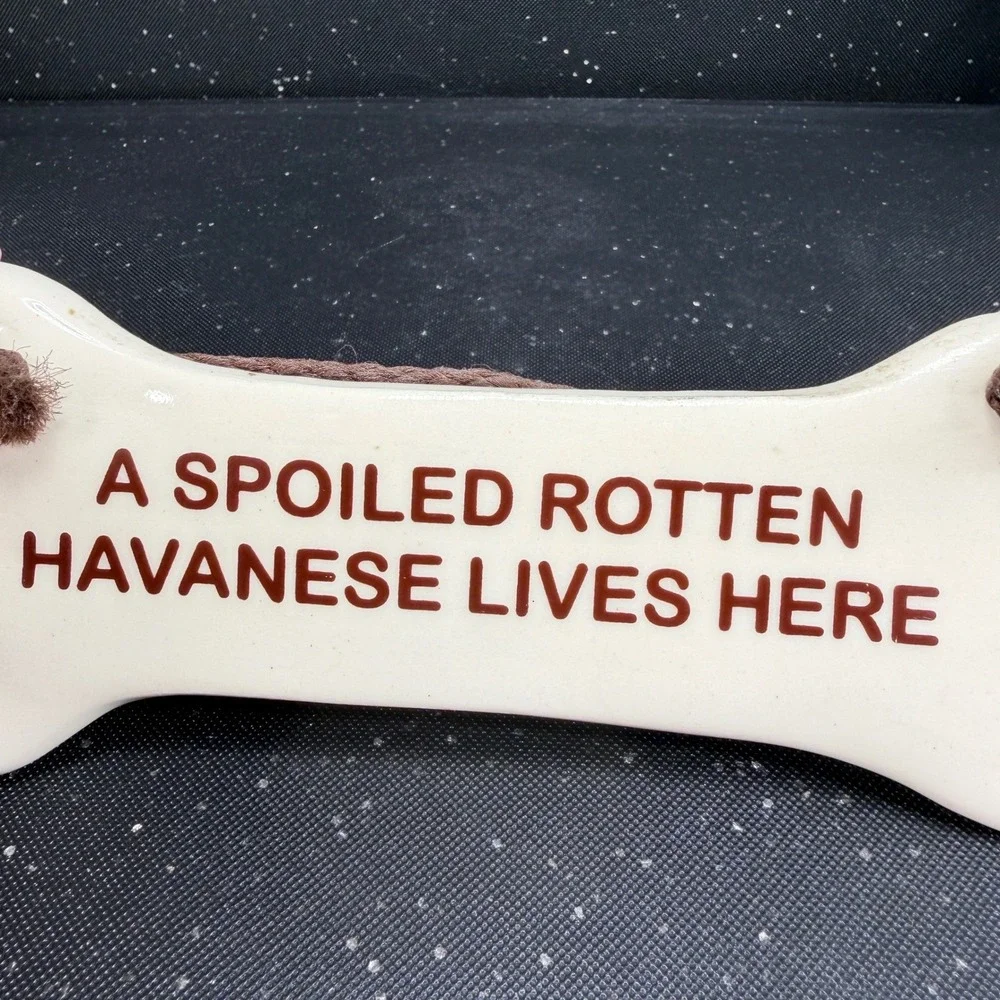 Smoky Mountain Pottery Havanese Dog Bone Wall Plaque Sign Vintage 1994 Tennessee
